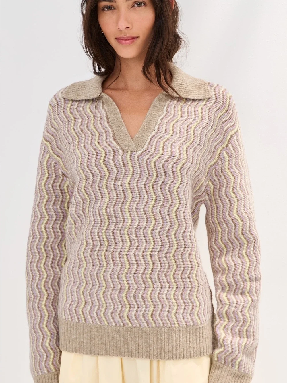 Beige Zigzag V-Neck Lizzie Polo Sweater - Picture 4 of 5